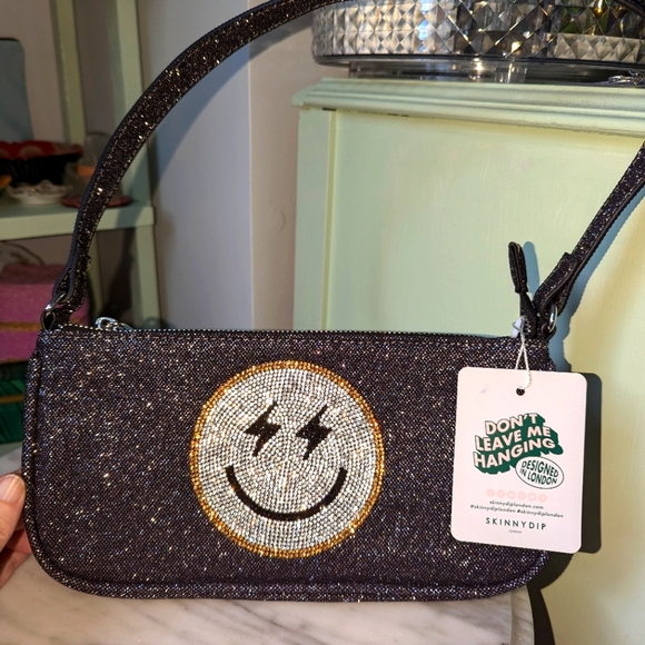 NWT Skinny Dip London Sparkly Black with Silver Happy ⚡⚡Face Purse - Picture 2 of 16